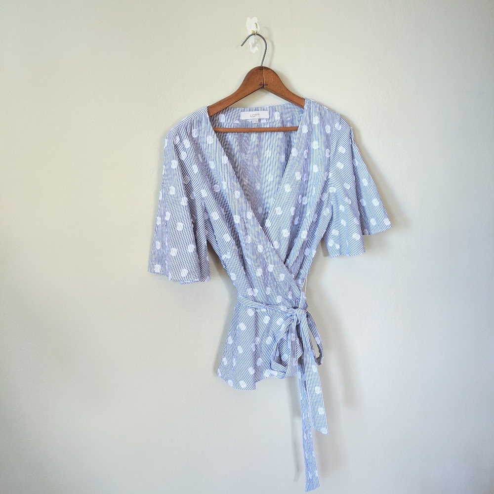 LOFT Light White Cotton Striped Kimono Wrap Shirt